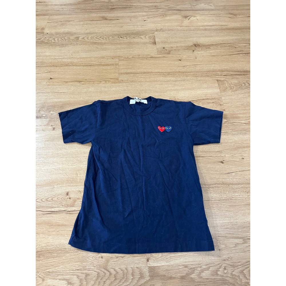 Comme des Garcons Play Mens Navy Blue Double Heart Logo T-Shirt S AZ-T226